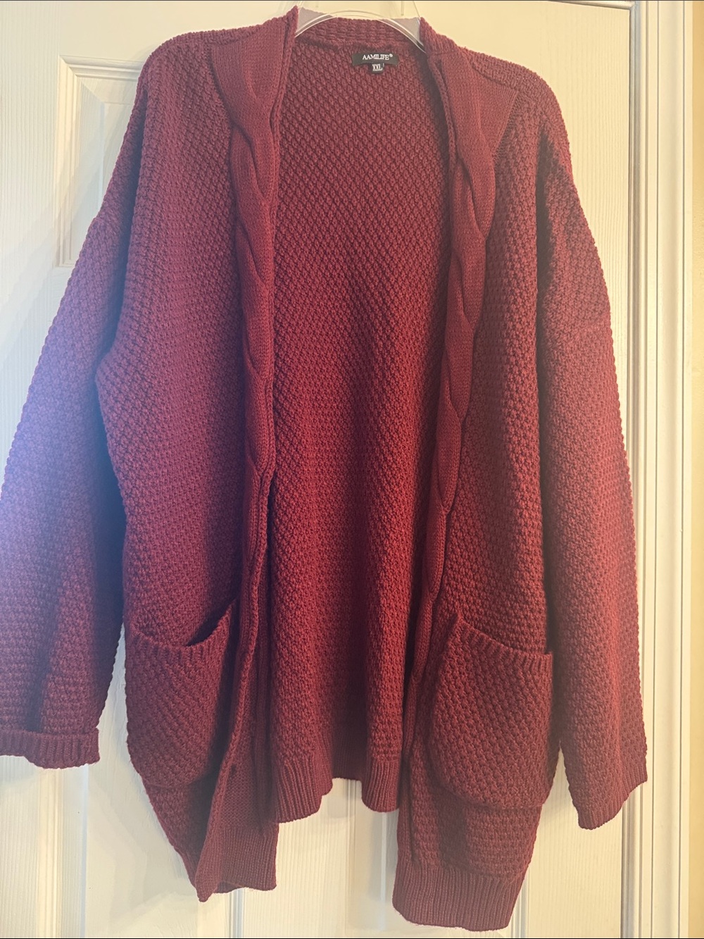 Open-Front Wine-Red Knit Cardigan
